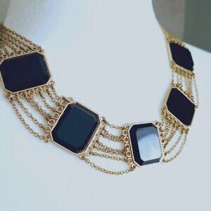 Dramatic Black Gemstone and Silver Chain Collar Necklace, NWT